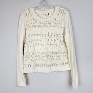 Anthropologie AKEMI + KIN Beige Cotton Mesh Embroidered Sequins Crew Neck Top S